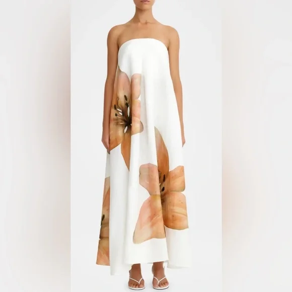 Anthropologie Strapless Floral Maxi Dress in White and Peach - Picture 1 of 4